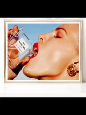 CHANEL Fashion Print with Red Lips and Gold Earring 16x20 canvas